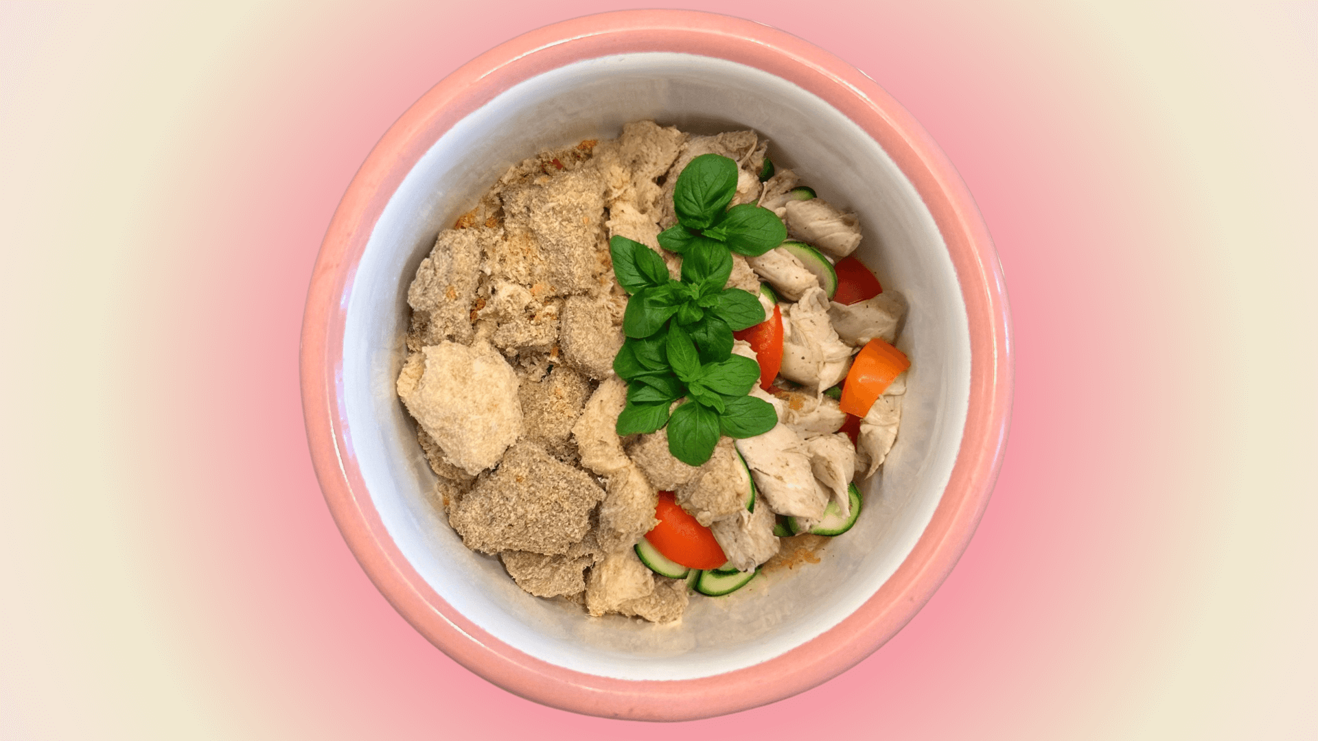 Instant Catfood in einem rosa Napf mit frischen Zutaten