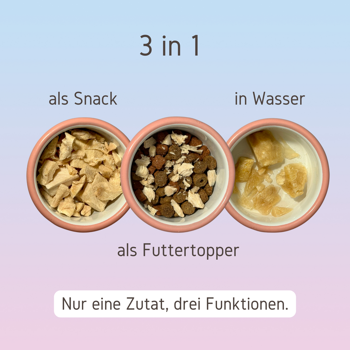 PuriPet Snack gefriergetrocknetes Huhn 3 in 1 Erklärung mit den Snacks in drei Näpfen.