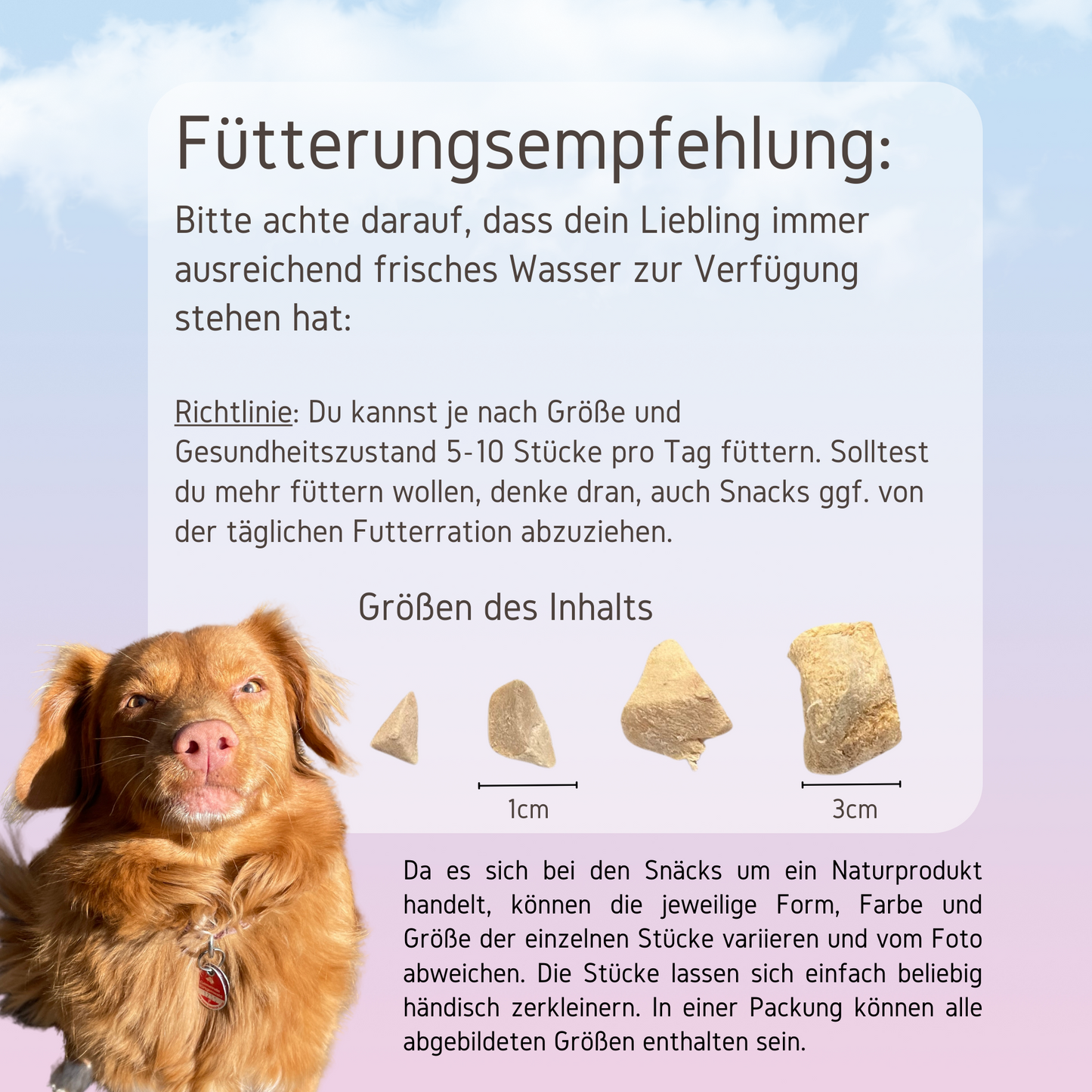Fuetterungsempfehlung zum Snack gefriergetrocknetes Huhn mit einem Hund vorne links.