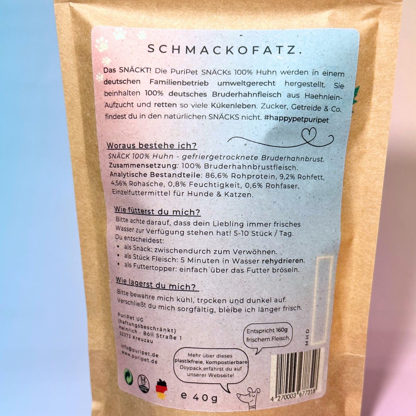 Rueckseite der Verpackung von Snack gefriergetrocknetes Huhn