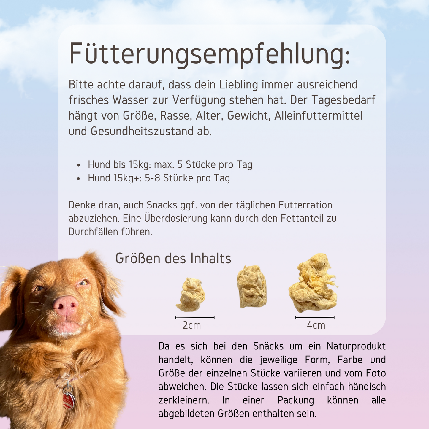 Fuetterungsempfehlung zu den Snack Haut-Haps gefriergetrocknete Bruderhahnhaut mit einem Hund vorne links.