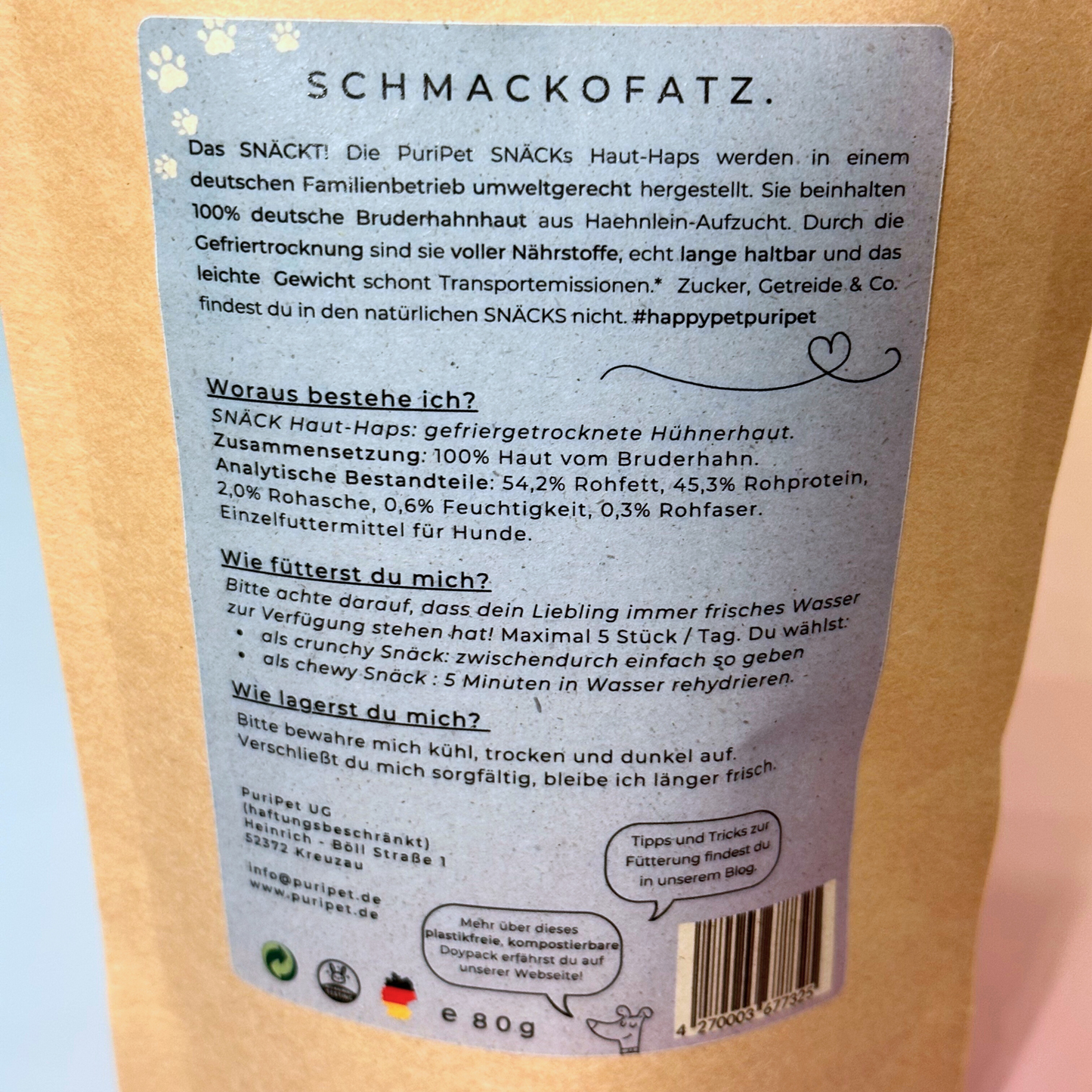 PuriPet Snack Haut-Haps gefriergetrocknete Bruderhahnhaut Rueckseite der Verpackung