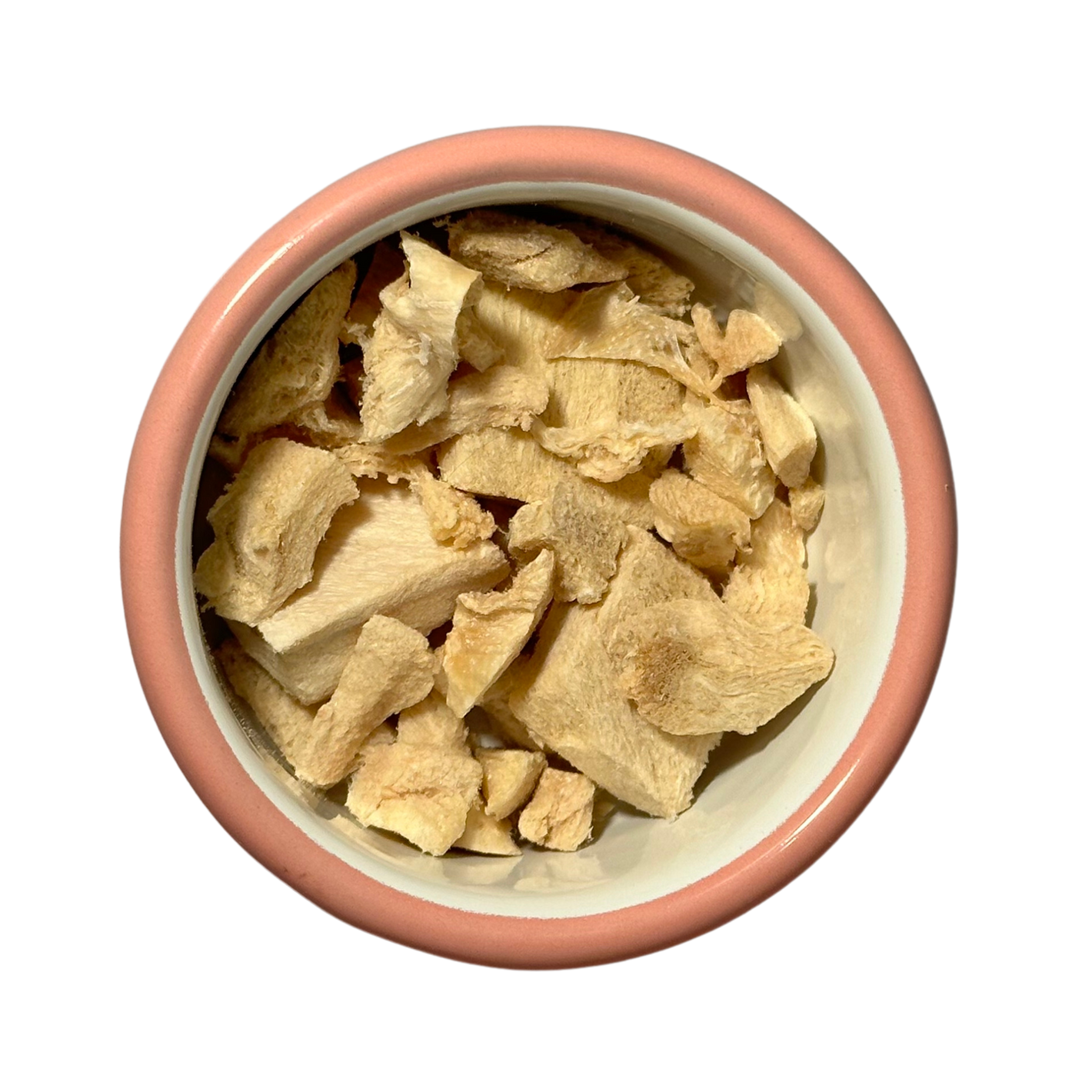Rosa Napf mit gefriergetrockneten Huehnerfleisch Stuecken
