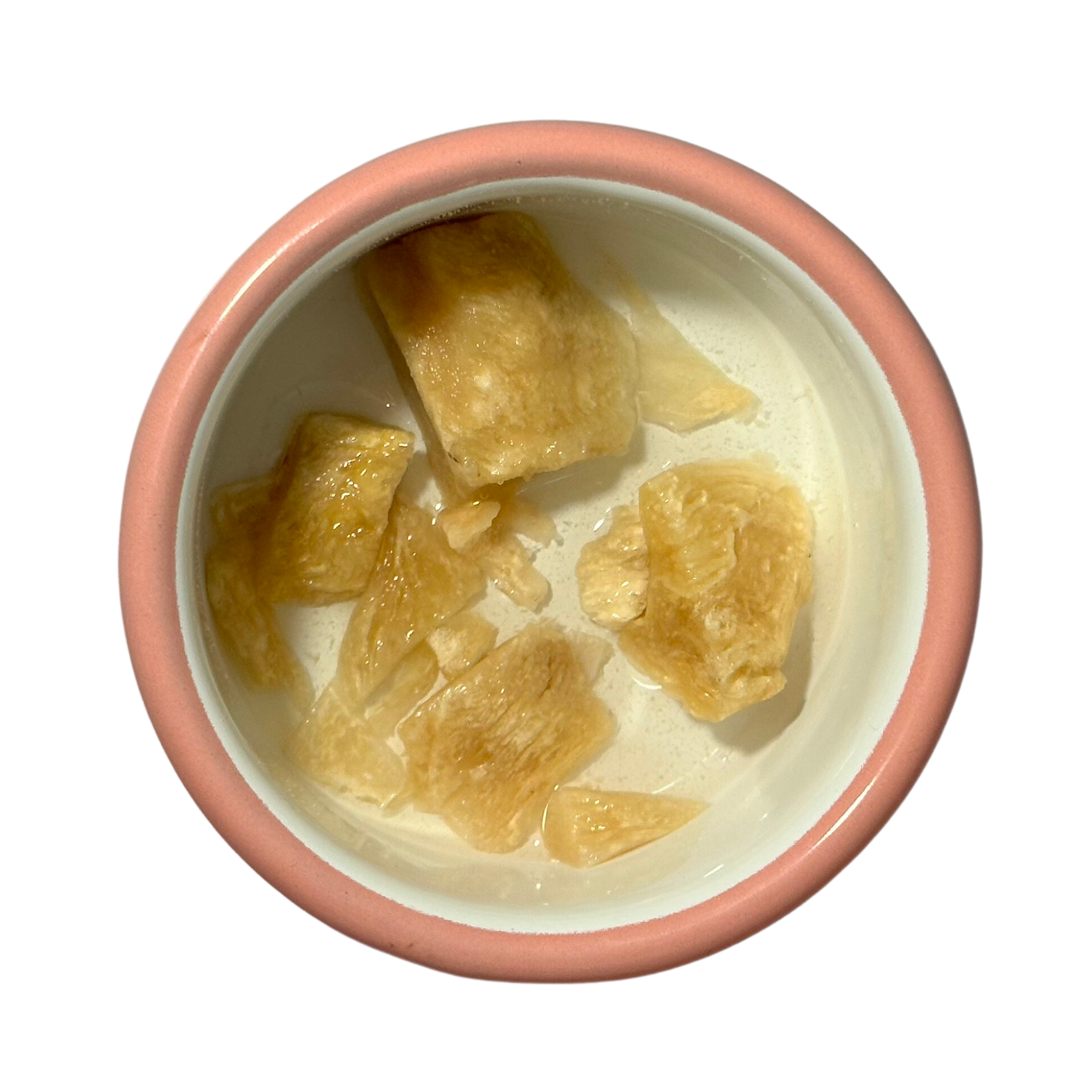 Rosa Haustiernapf mit gefriergetrockneten Huehnerfleisch Stuecken in Wasser