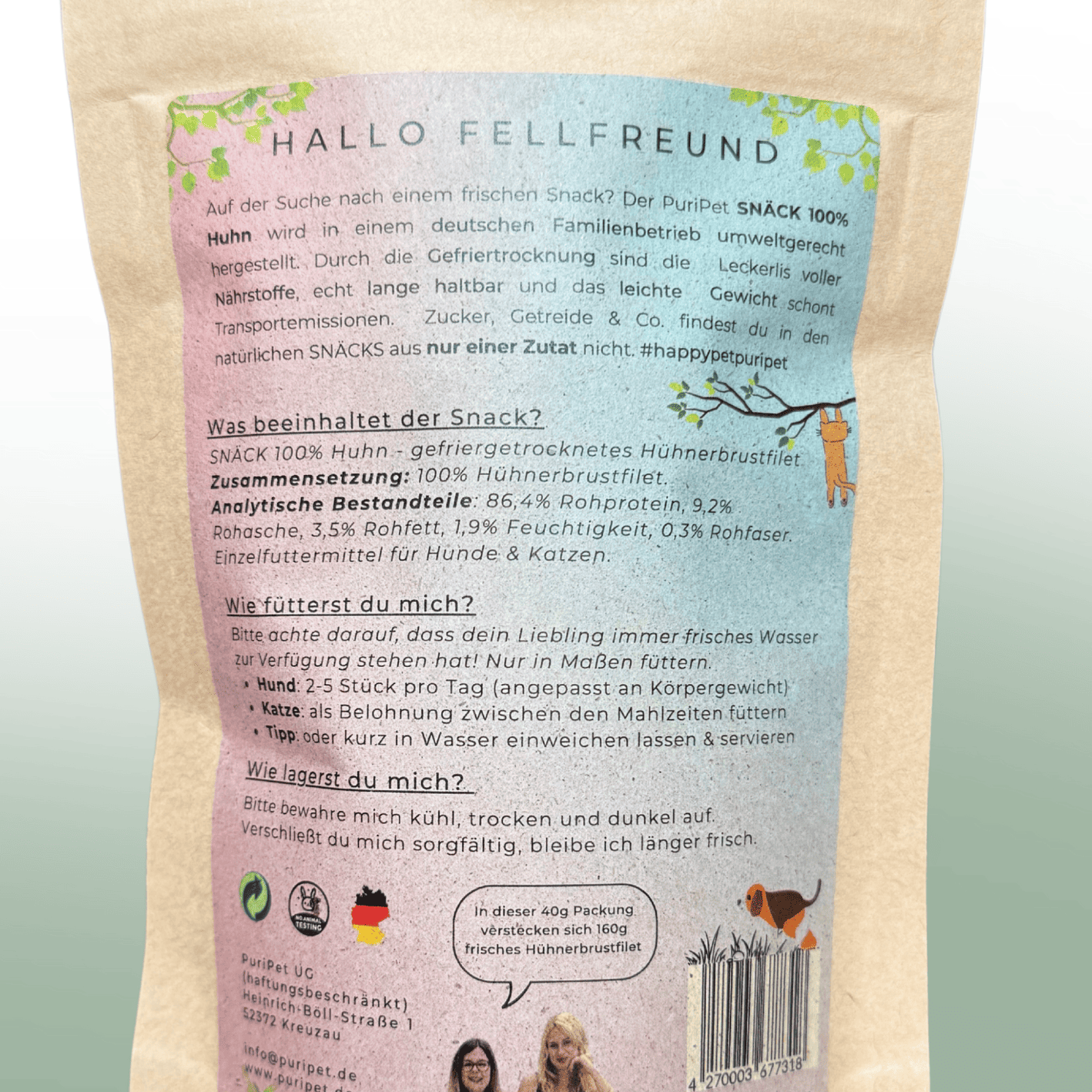 Rückseite der PuriPet Snacks gefriergetrocknetes Huhn