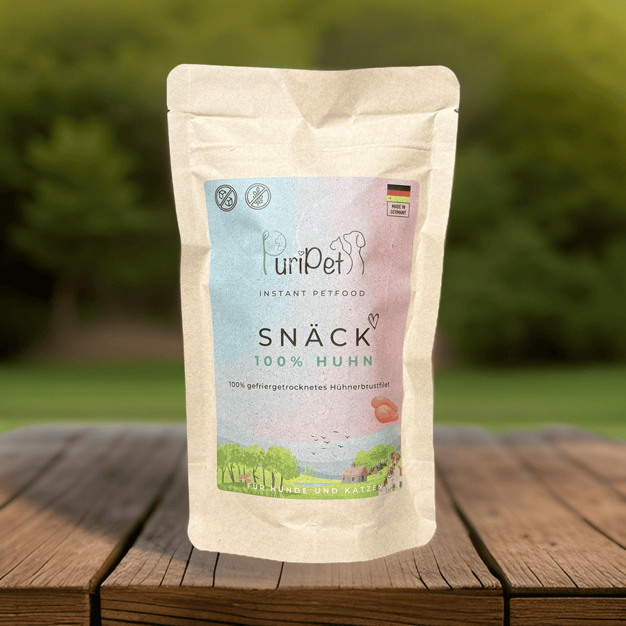 Eine Packung gefriergetrocknetes Huhn von PuriPet