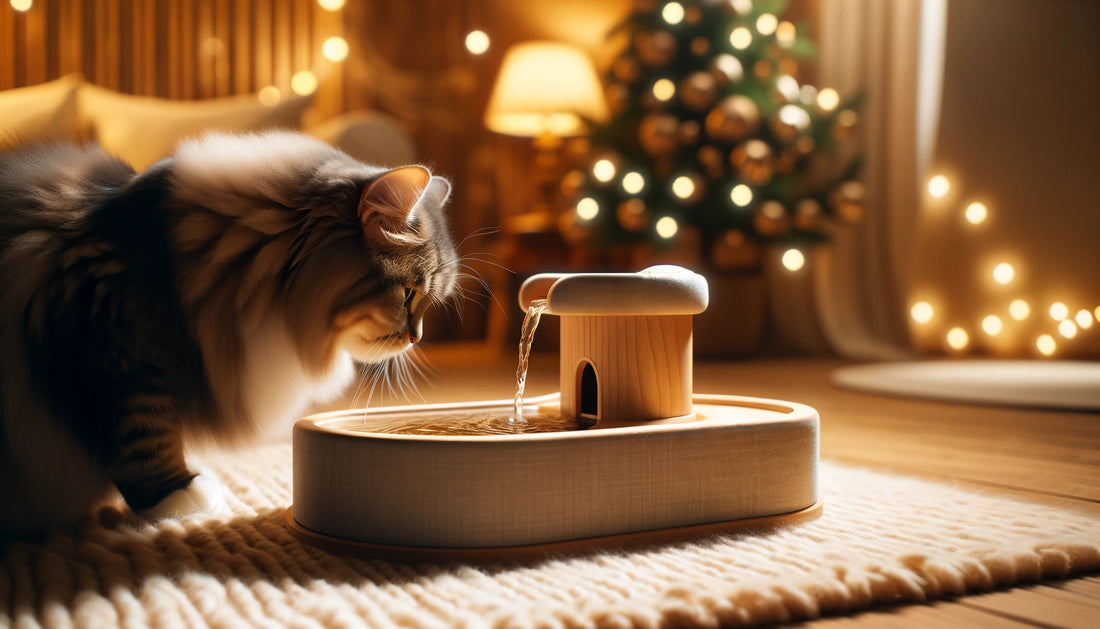 Eine Katze sitzt seitlich vor einem Trinkbrunnen für Katzen während im Hintergrund weihnachtliche Beleuchtung ist 