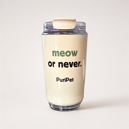 PuriPet Thermobecher aus Edelstahl in Creme mit Aufdruck meow or never