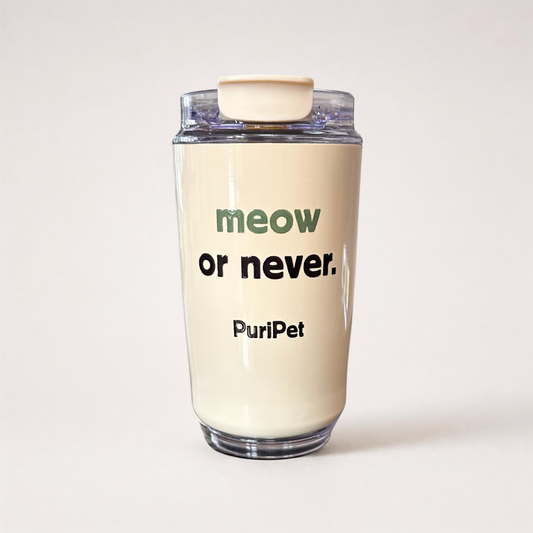 PuriPet Thermobecher aus Edelstahl in Creme mit Aufdruck meow or never