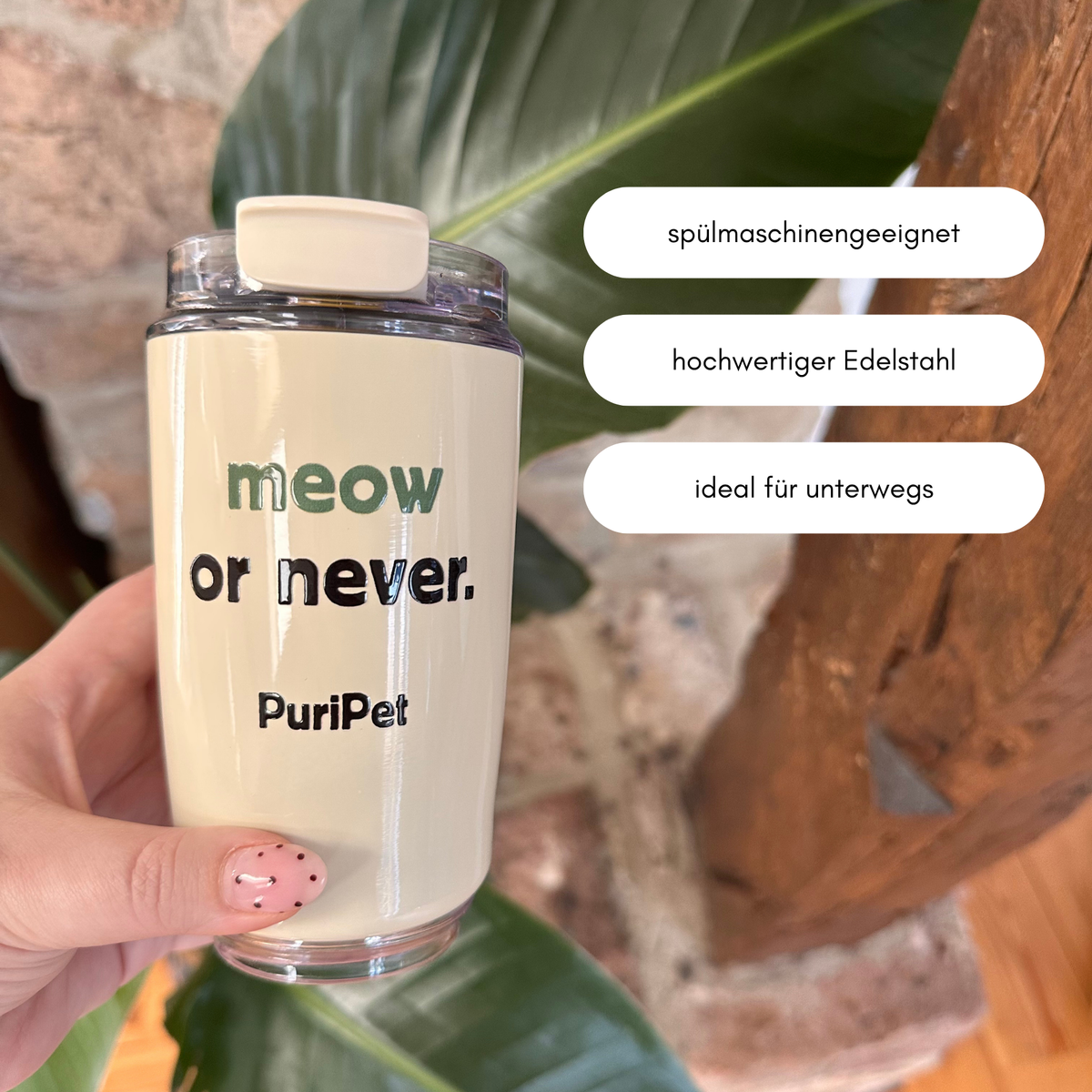 Cremefarbener PuriPet Thermobecher mit Logo, limitierte Fan-Edition