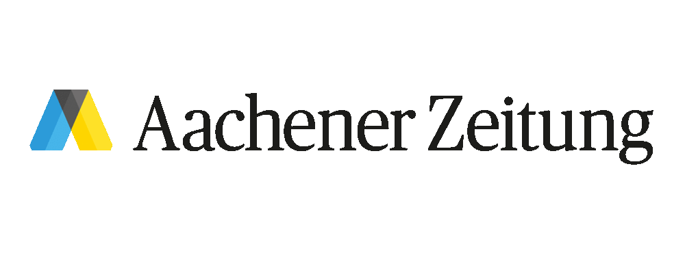 Aachener Zeitung Logo und Schrift mit einem blau, grau, gelben Zeichen davor