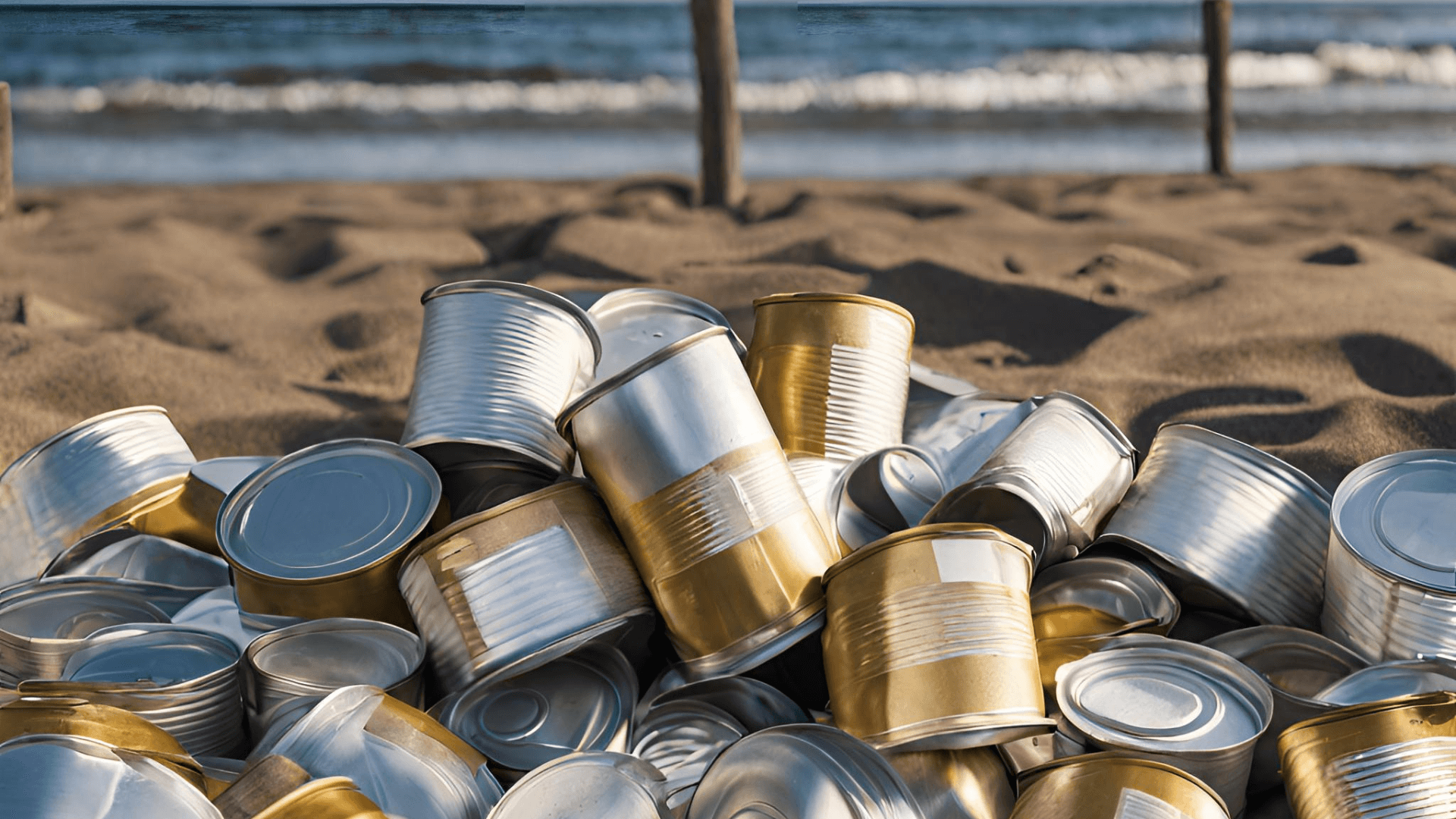 Leere Katzenfutter Dosen aus Aluminium liegen am Strand 