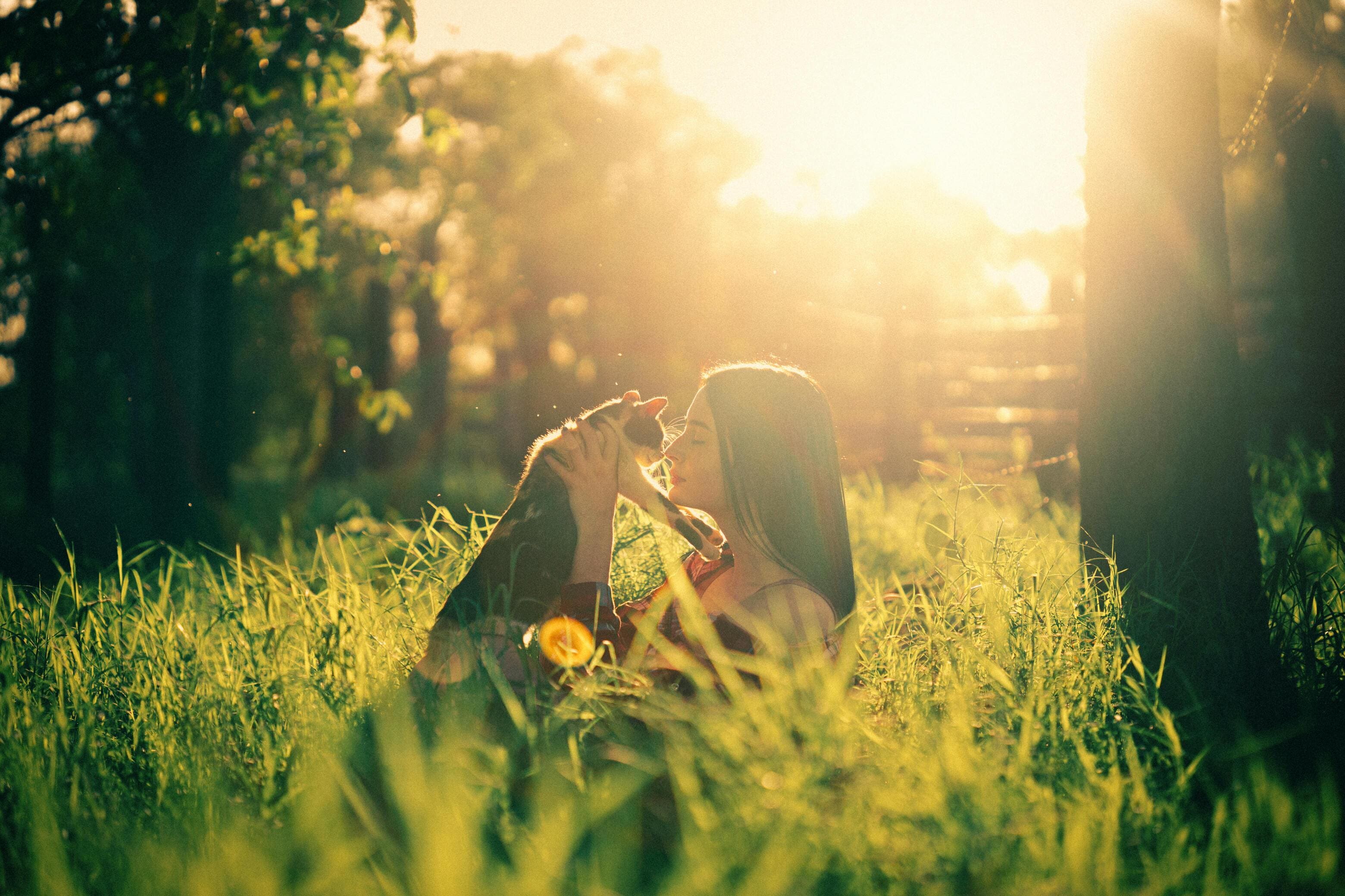 Eine Frau mit braunen Haaren mit einer Katze in einer Wiese mit Sonnenlicht