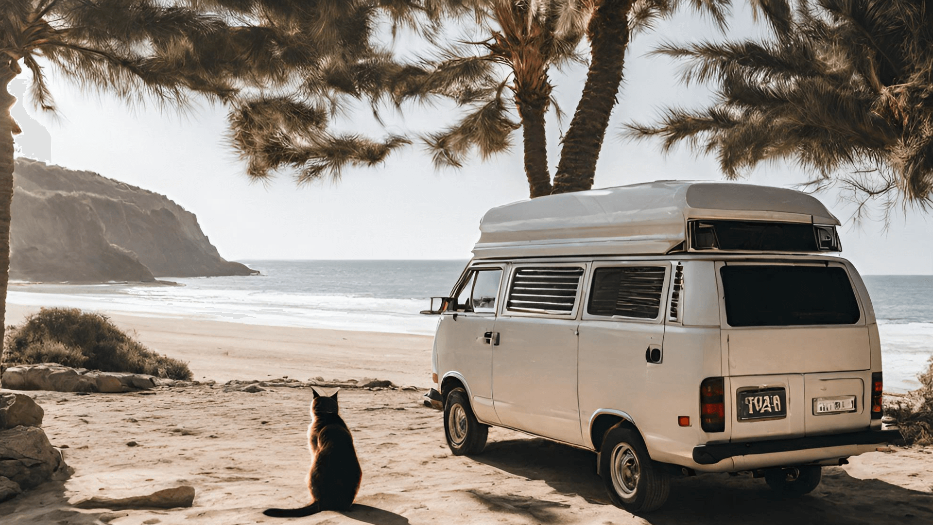 Ein Van steht am Meer und eine Katze sitzt daneben weil sie das Vanlife lebt