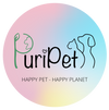 Ein rosa, blau, gelber Kreis mit dem Schriftzug von PuriPet, wobei das P ein grüner Planet mit einem Blatt ist und ein Hund und eine Katze zu sehen sind.