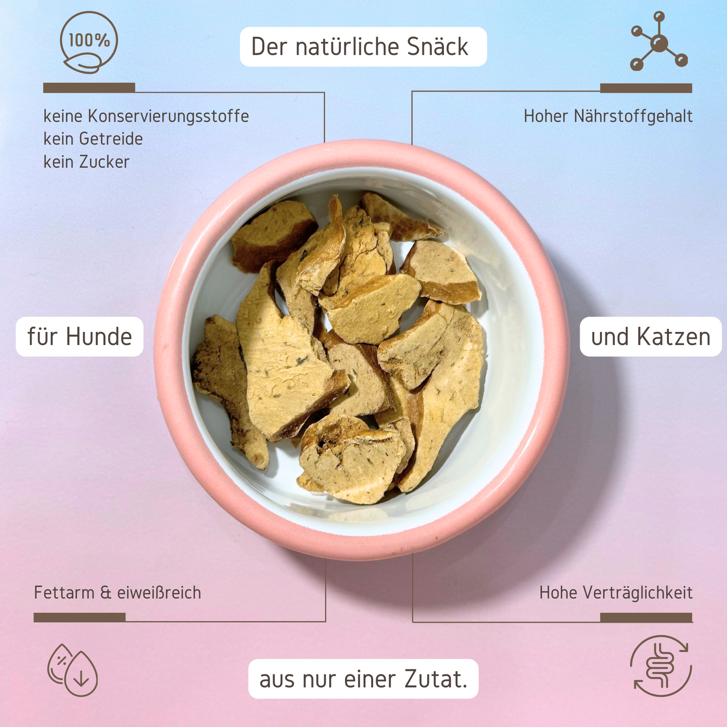 PuriPet Snack Leber-Lover gefriergetrocknete Huehnerleber in einem Haustiernapf mit Informationen als Text.